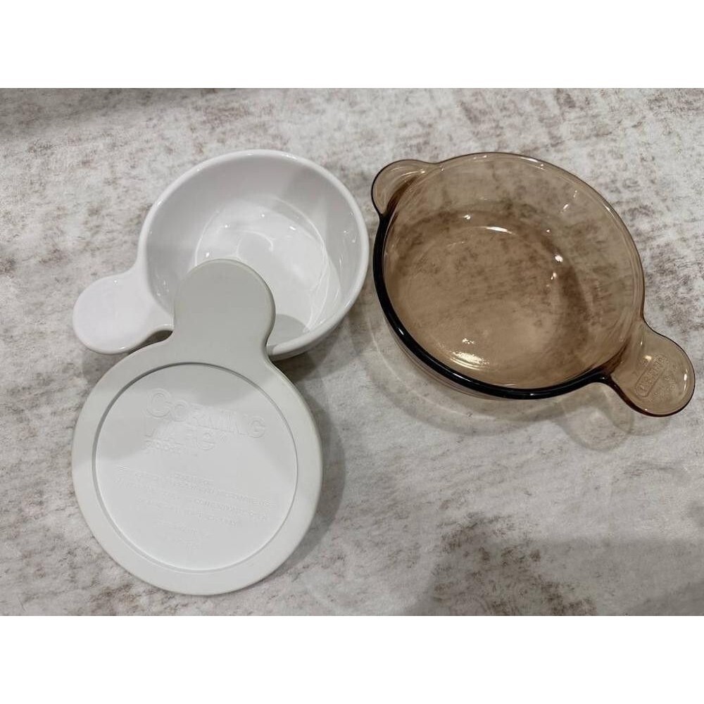 Vintage CorningWare White Grab-It 550mL Bowl w/ Lid & Visions Amber Dish Set